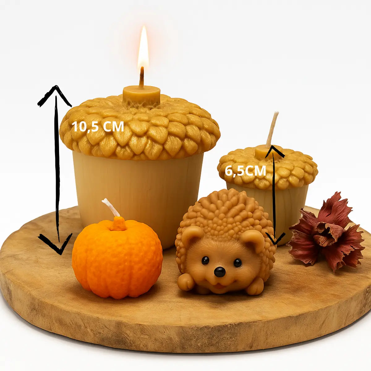 Herfstset 4-delig maat indicatie of houten blad met brandende lont