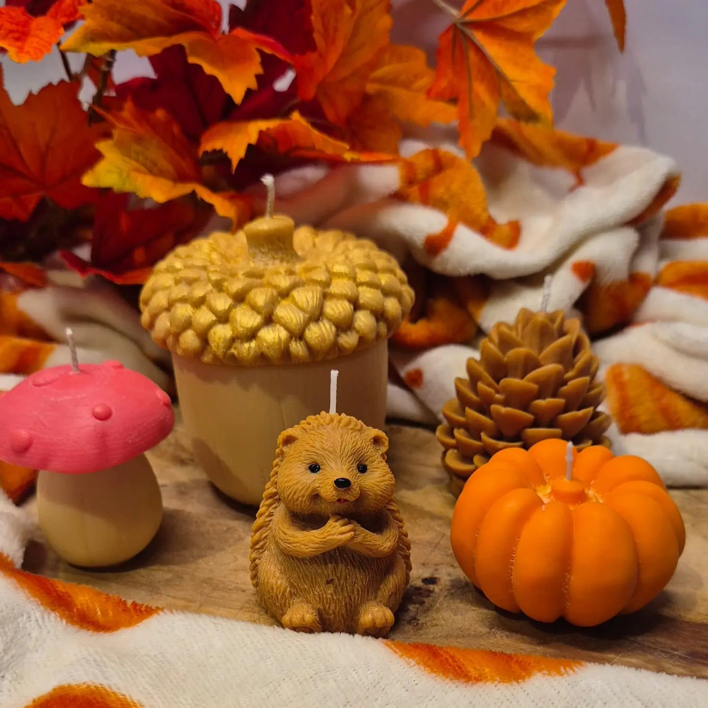 Geurloze herfst kaarsen set 5 delig, egel, paddenstoel, pompoen