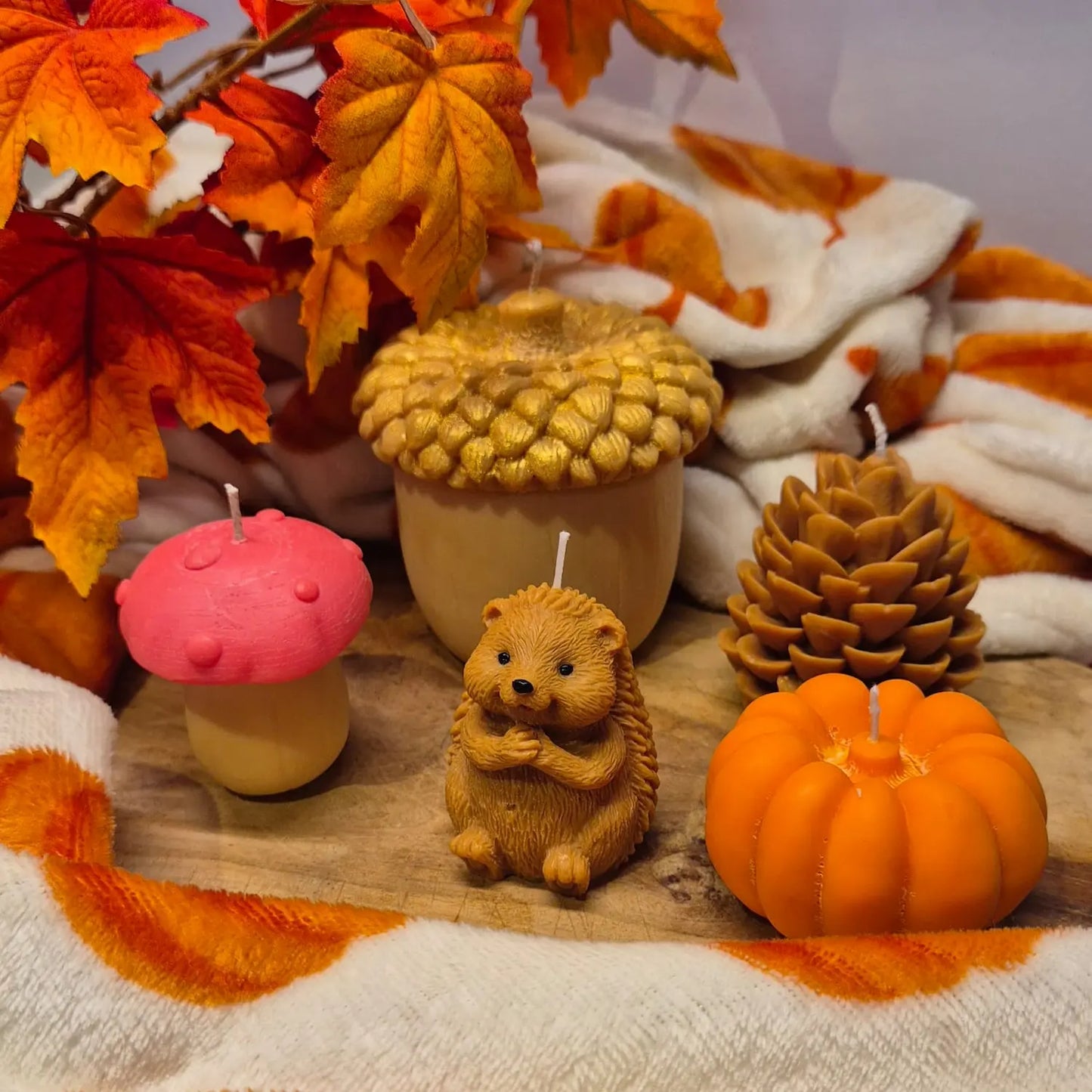 Herfst Kaarsen Set 5-delig | Pompoen, Egeltje & Eikel | Sojawas