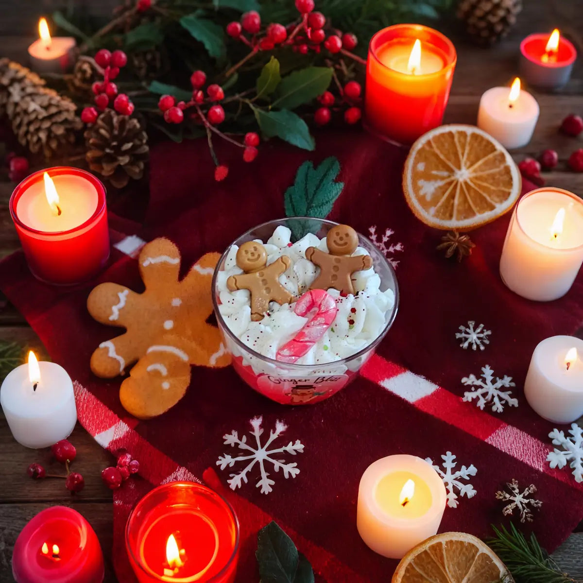 Kerstsfeer met Ginger Blizz geurkaars warme gloed tussen rode kerstballen en peperkoekfiguren, ideale winterdecoratie